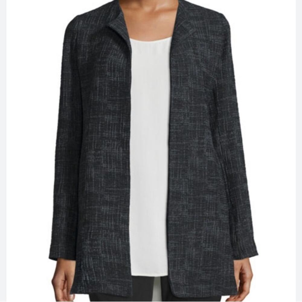 Eileen Fisher Black Crosshatch Open Front Cardigan Jacket Women’s Size Medium